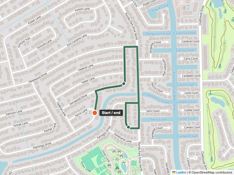Map of a sample 1.7-mile walk loop through a Palm Coast neighborhood, drawn in green with a start and end marker.